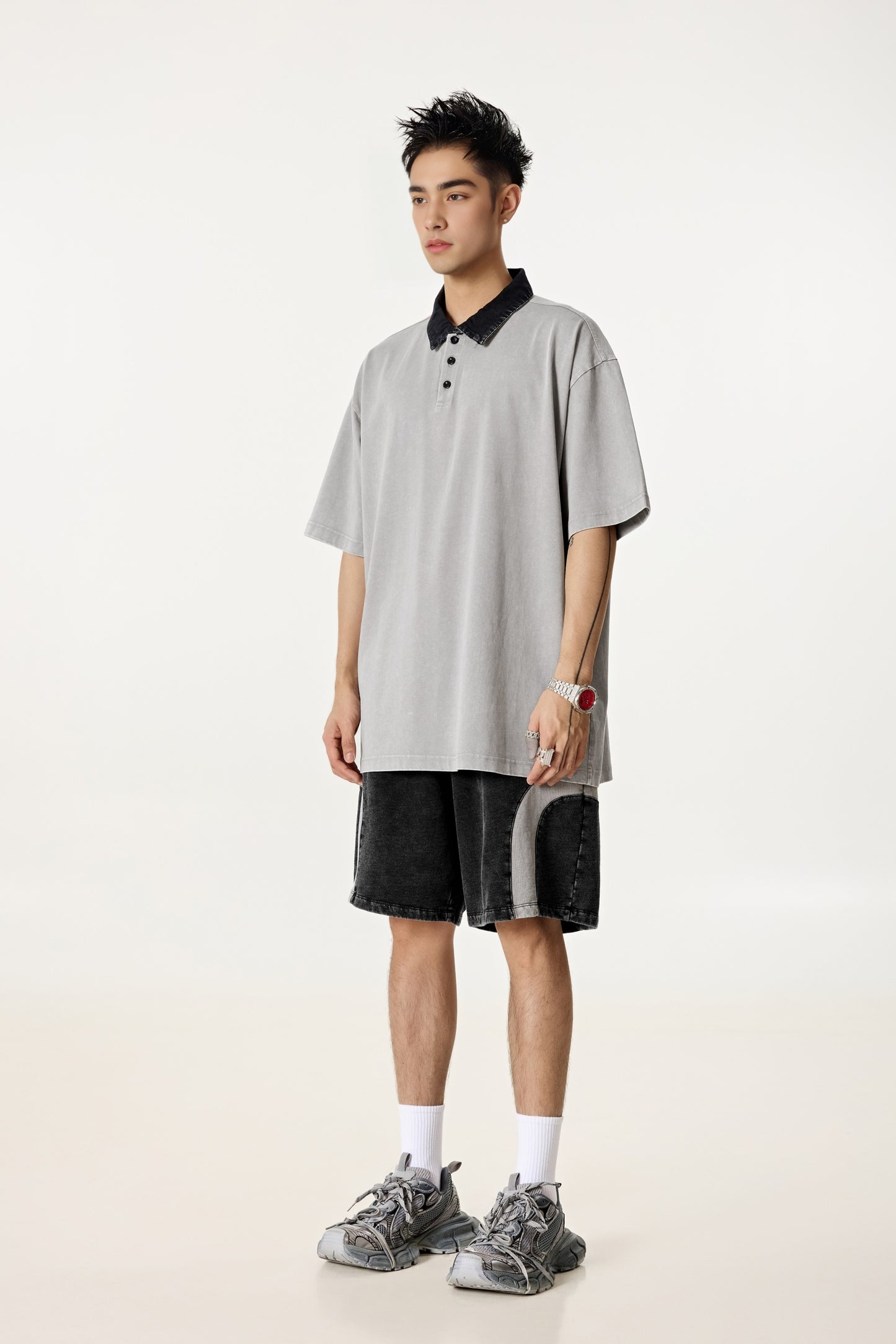 Vintage American Premium Polo Shirt - Men's Relaxed Fit Short Sleeve Top with Color-Block Collar, Retro Style Breathable Cotton Blend