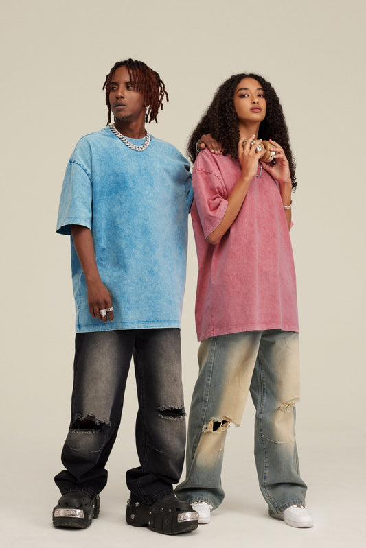 Heavyweight 260GSM Batik Dopamine Washed Tee - Slim Neckline American Streetwear Relaxed Unisex Cotton T-Shirt for Teens