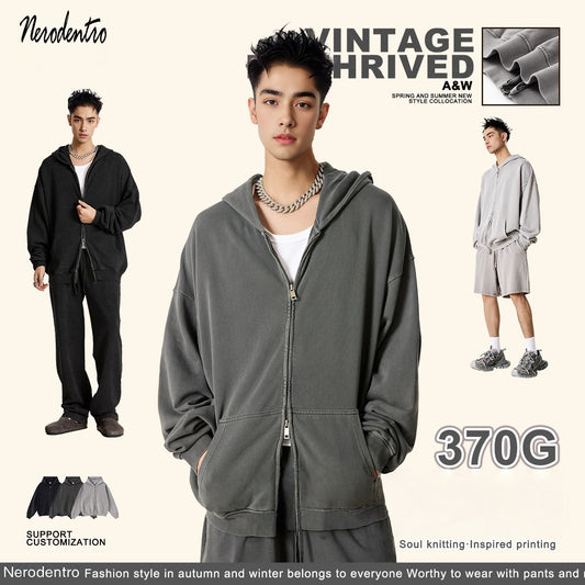 Custom 370 GSM 100% Cotton Heavyweight Hoodie - Cropped Oversized Zip Up Men's Pullover with Panel Design Streetwear Jacket