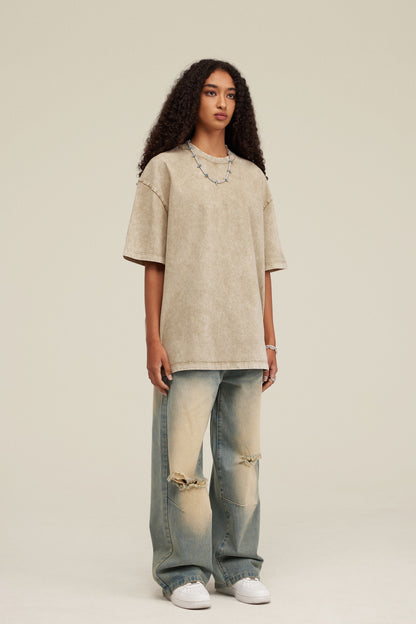 Heavyweight 260GSM Batik Dopamine Washed Tee - Slim Neckline American Streetwear Relaxed Unisex Cotton T-Shirt for Teens