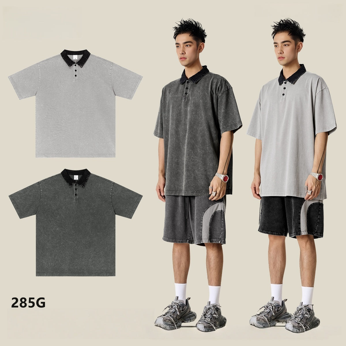 Vintage American Premium Polo Shirt - Men's Relaxed Fit Short Sleeve Top with Color-Block Collar, Retro Style Breathable Cotton Blend