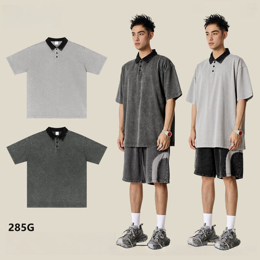 Vintage American Premium Polo Shirt - Men's Relaxed Fit Short Sleeve Top with Color-Block Collar, Retro Style Breathable Cotton Blend