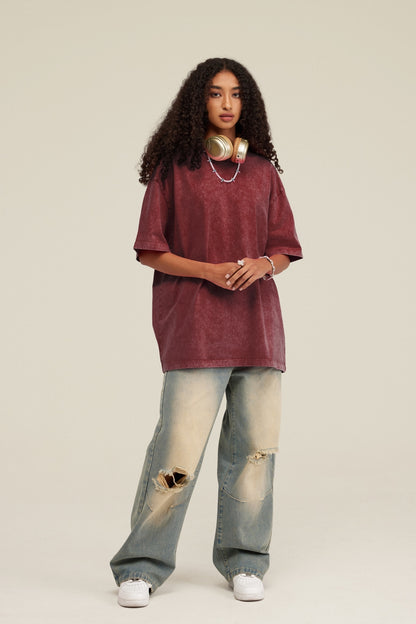 Heavyweight 260GSM Batik Dopamine Washed Tee - Slim Neckline American Streetwear Relaxed Unisex Cotton T-Shirt for Teens
